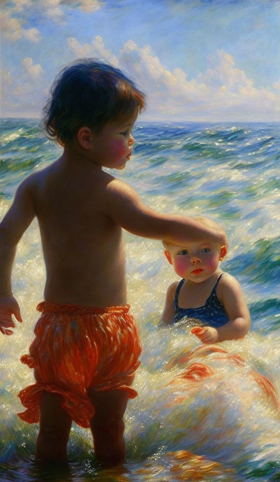 Two toddlers in swimsuits standing in the sea under a sunny sky.