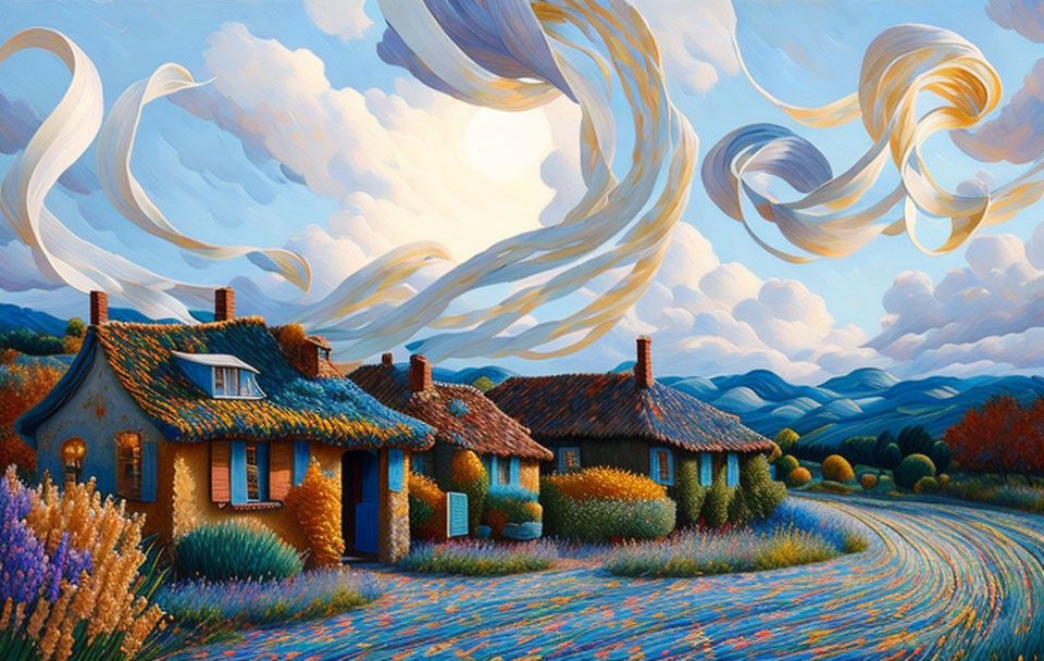 Colorful painting of rural landscape with swirling clouds, quaint houses, gardens, and hills