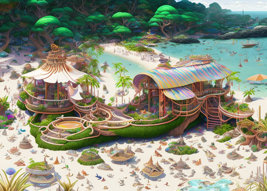 Whimsical Beach Scene with Fanciful Structures and Boats