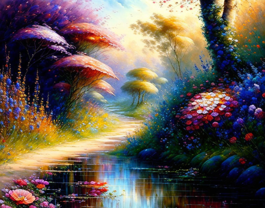 Colorful forest painting with river and pathway