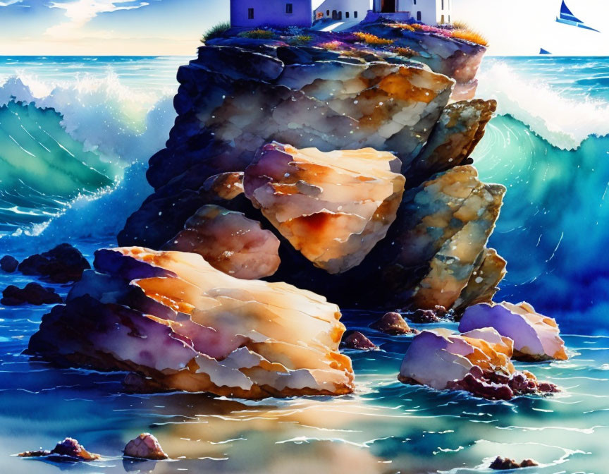 Rocky Seaside Painting with Luminous Stones and Boat