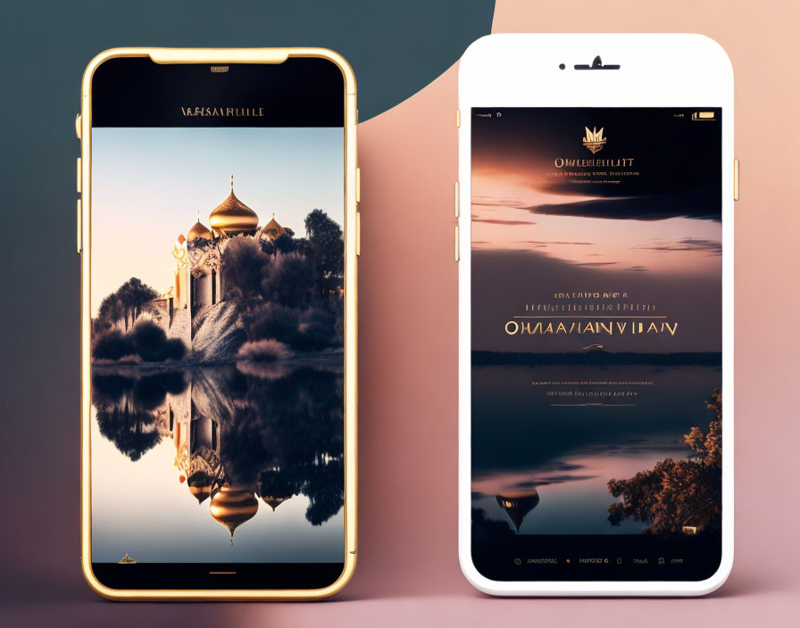 Smartphones displaying reflective landscape images with elegant text on peach background