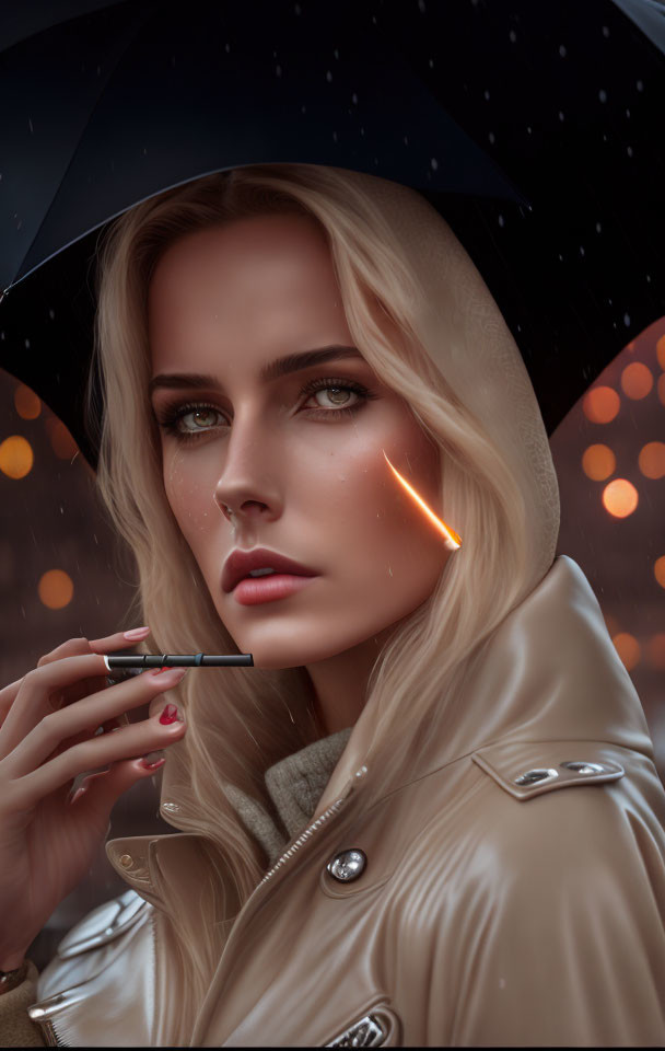 Blonde woman with blue eyes holding a matchstick under black umbrella in snowfall