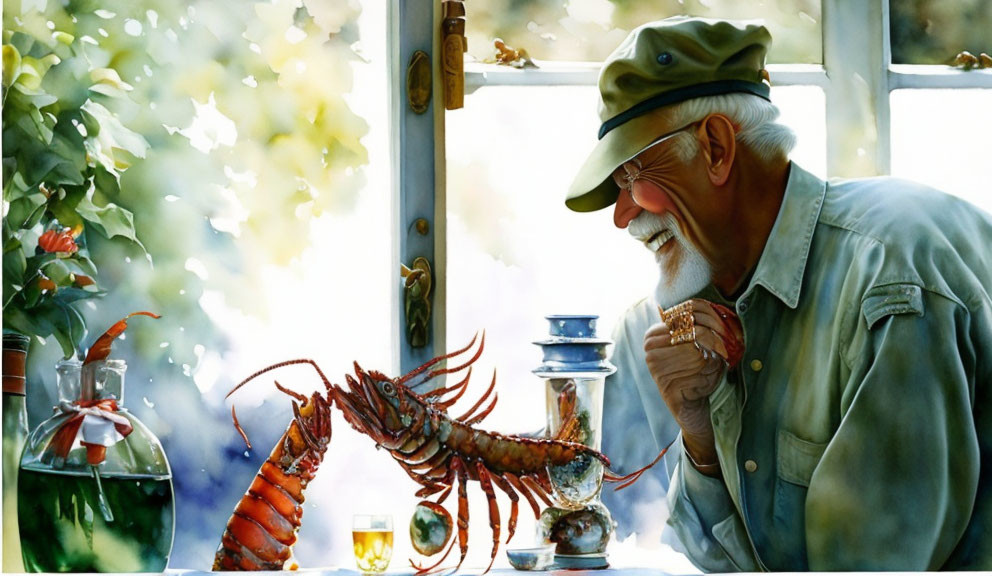 Elderly man in cap with lobster at table near open window with green foliage