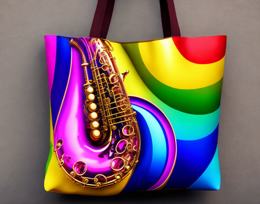 Vibrant saxophone design on swirling rainbow tote bag