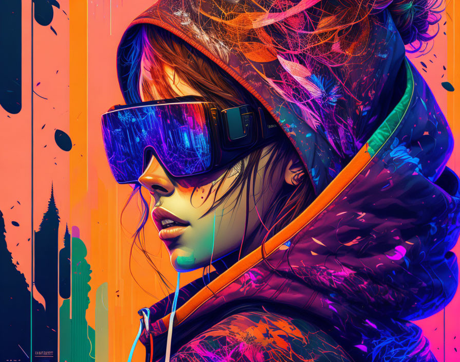 Colorful Artwork: Woman in Goggles and Hood Against Urban Skyline