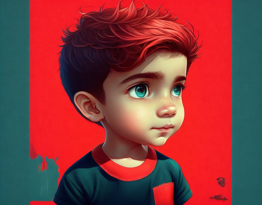 Young boy with green eyes and red hair in green shirt on red background