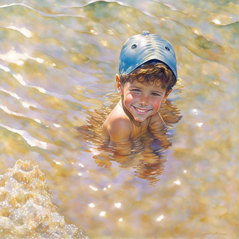 Child in Blue Swim Cap Smiling in Clear Water