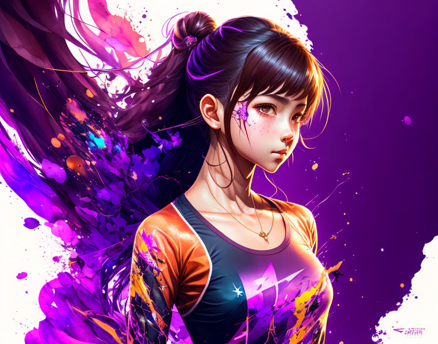 Vibrant young woman illustration with colorful purple background