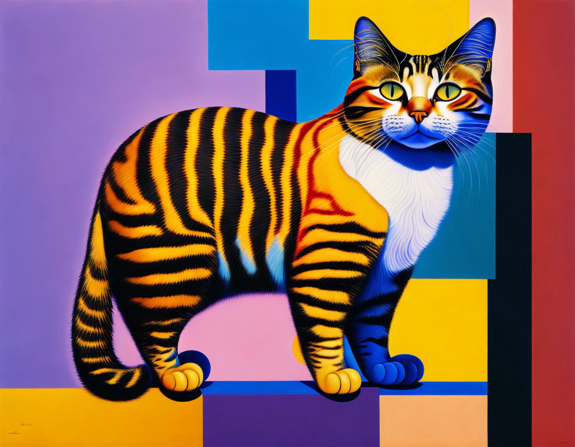 Colorful painting featuring orange-striped cat on geometric backdrop