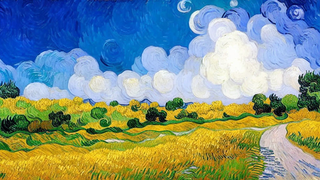 Colorful landscape painting with blue skies, clouds, wheat fields, and winding path