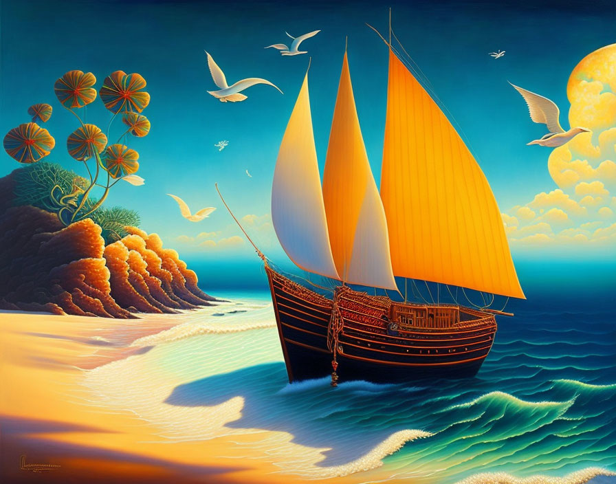 Colorful sunset painting of sailing ship with orange sails, seagulls, and whimsical moon.