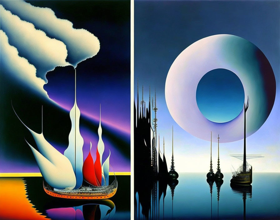 Surreal diptych: Cloud-topped spires and fiery orb on left, sharp towers