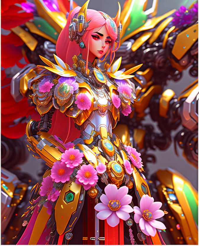 Digital artwork of character with pink hair and golden armor with floral and mechanical elements.