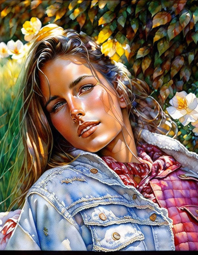 Illustrated woman with sun-kissed skin and denim jacket on colorful floral backdrop