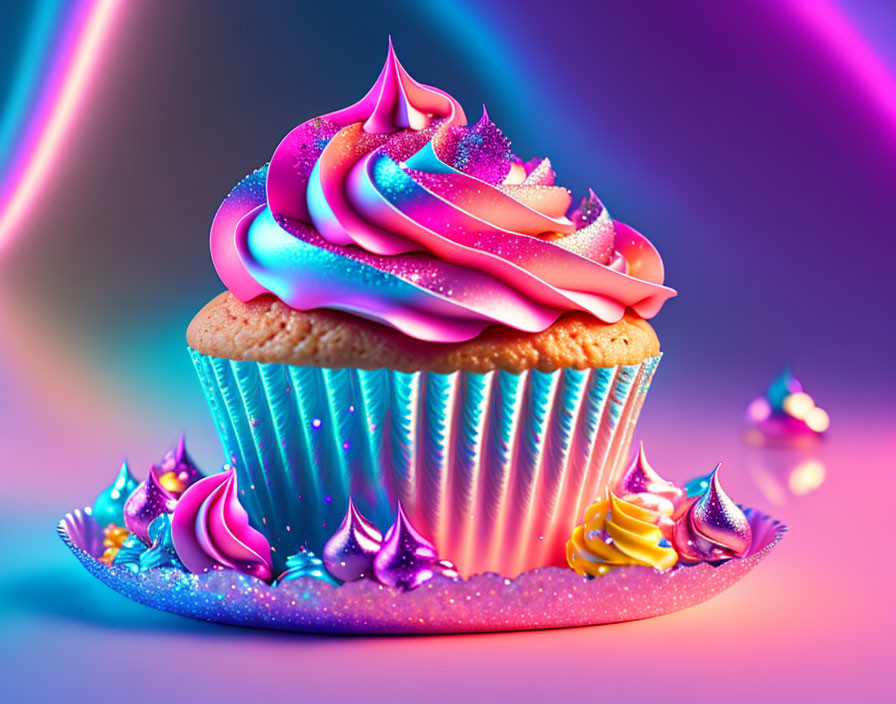 Colorful Cupcake with Pink and Blue Swirling Icing and Glitter Stars