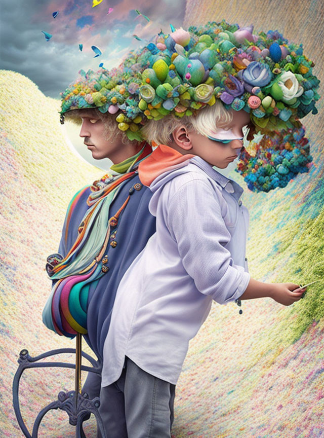 Stylized children with floral head adornments in surreal landscape