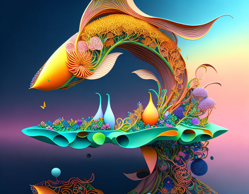 Vibrant digital artwork of fish-like creature in alien landscape