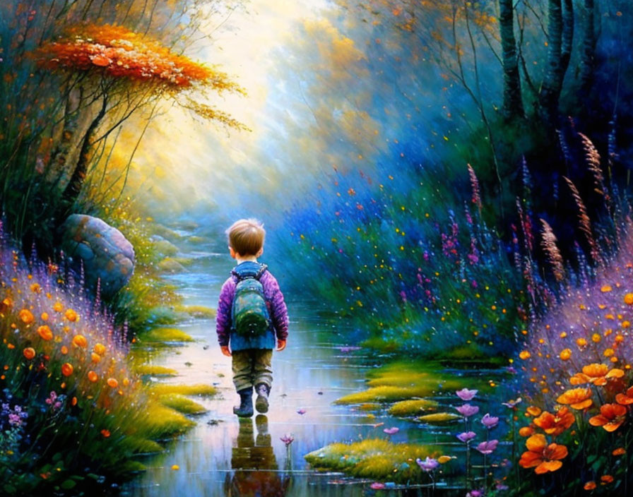 Child walking down vibrant, fantastical path with colorful flowers and trees