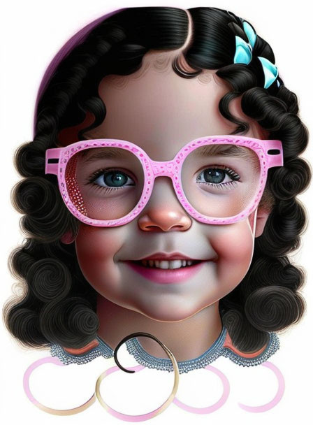 Young girl digital illustration with green eyes, curly hair, and pink rhinestone glasses.