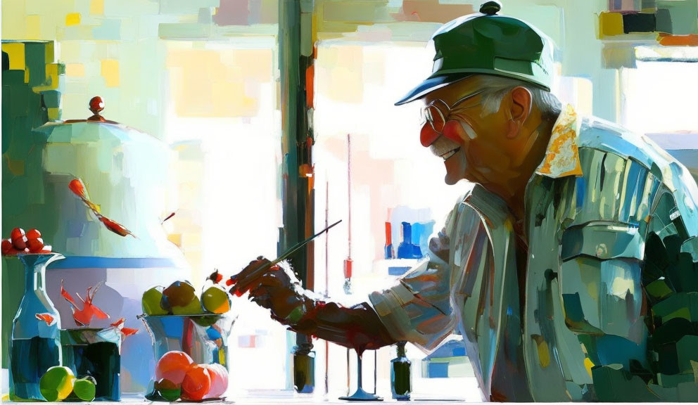 Elderly Man Painting on Canvas Surrounded by Colorful Fruits