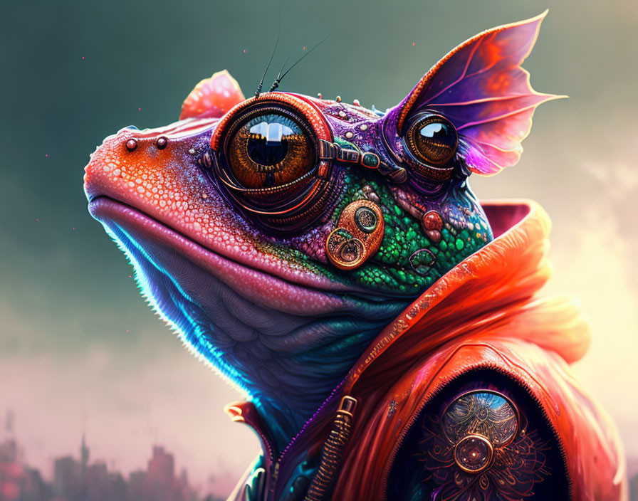 Whimsical chameleon with mechanical goggles and ornate armor in dreamy cityscape