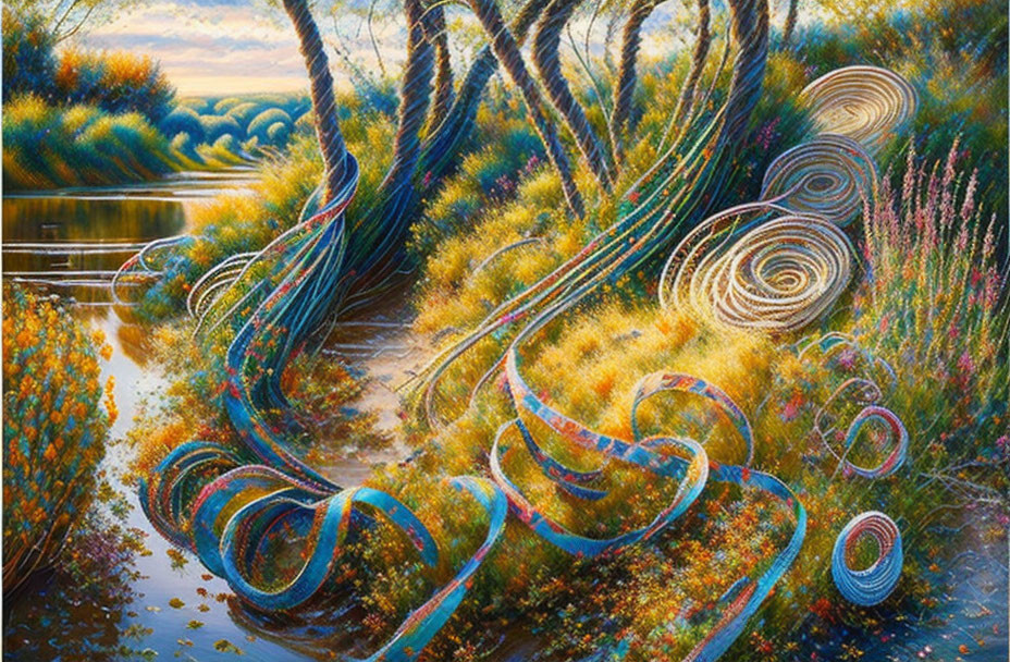 Colorful landscape painting: swirling patterns over serene river, lush vegetation, whimsical light.