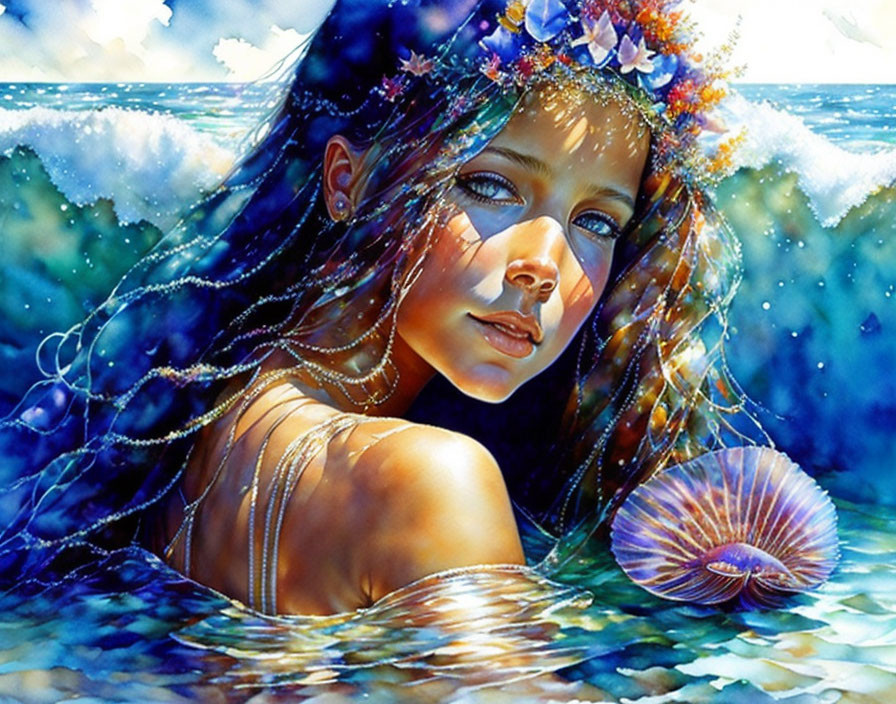 Portrait of Woman with Ocean-Blue Eyes, Floral Crown, and Shell by Sea