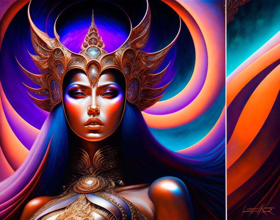 Vibrant woman with golden headgear in swirling colors