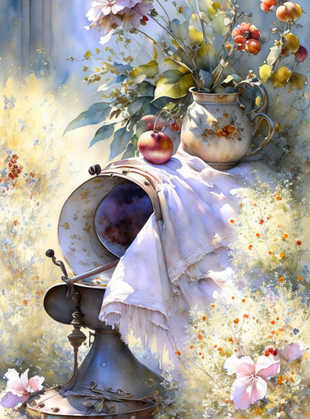 Mirror and Lace Draped with Flower Bouquet and Apples in Still Life