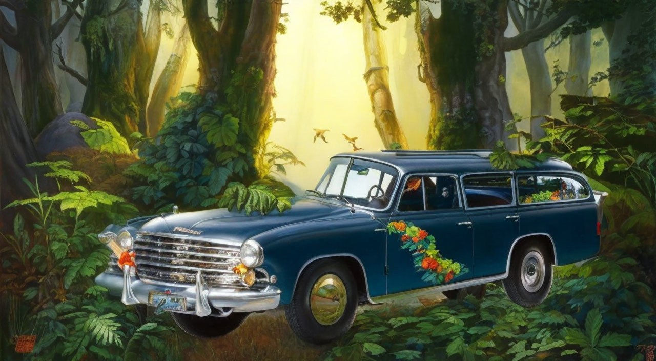 Vintage Station Wagon with Flowers in Forest and Birds Flying