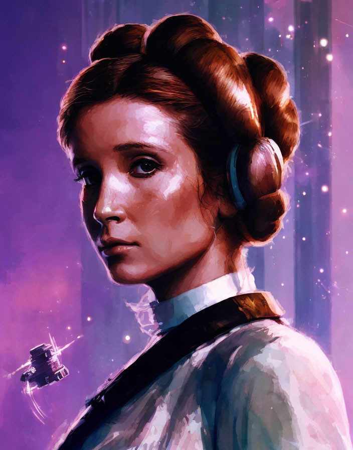 Woman with Iconic Bun Hairstyle in Cosmic Setting with Spaceship