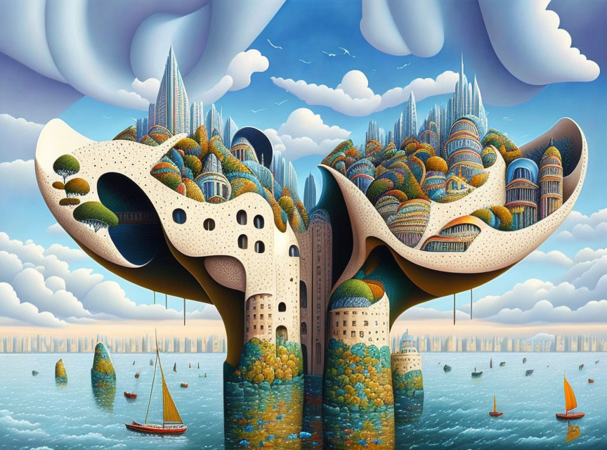 Surreal cityscape with bone-like structure, buildings, green areas, boats, cloudy sky