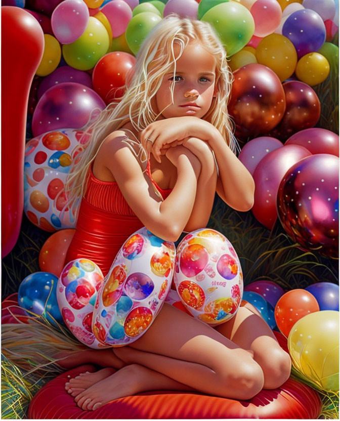 Blonde Girl Surrounded by Colorful Balloons on Red Cushion