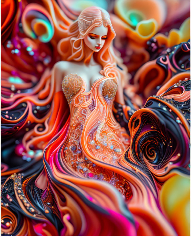 Vividly colored digital artwork: Woman merging with abstract wave designs