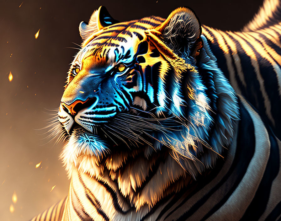 Vibrant orange and blue tiger art on dark background with glowing embers