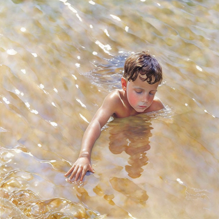 Child wading in clear sunlit water with gentle ripple and sandy bottom.