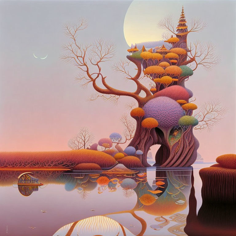 Vibrant mushroom-like trees in fantastical landscape with temple and moon.