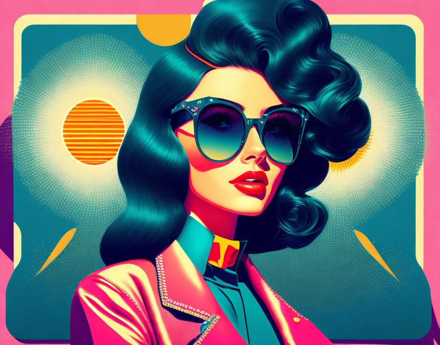 Retro pop art woman with voluminous hair and sunglasses on sun and geometric background