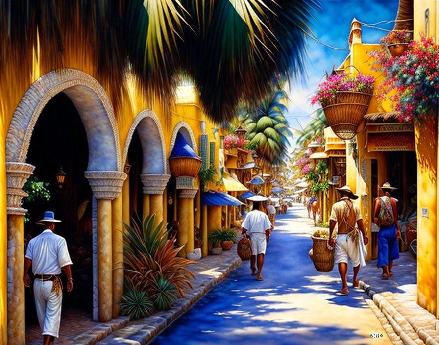 Colorful Street Painting: People in Hats Strolling Past Sunny Doorways