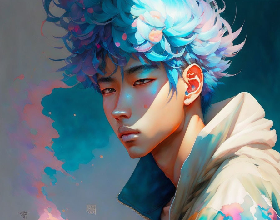 Illustrated portrait with blue floral hair, earring, and dramatic gaze on soft abstract backdrop