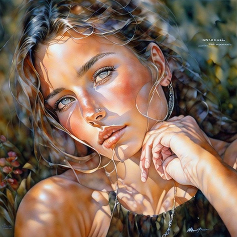 Detailed photorealistic painting of woman with sun-kissed skin and green eyes