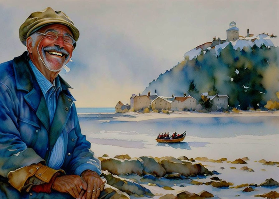 Elderly Man in Cap and Glasses with Snowy Coastal Village and Rowboat