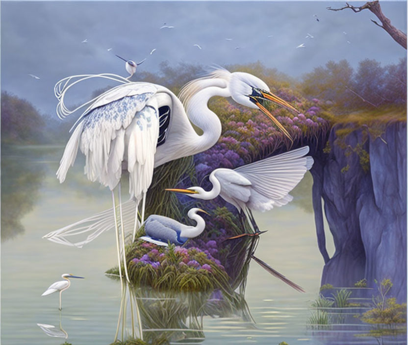 Tranquil digital artwork of white egrets in misty wetland