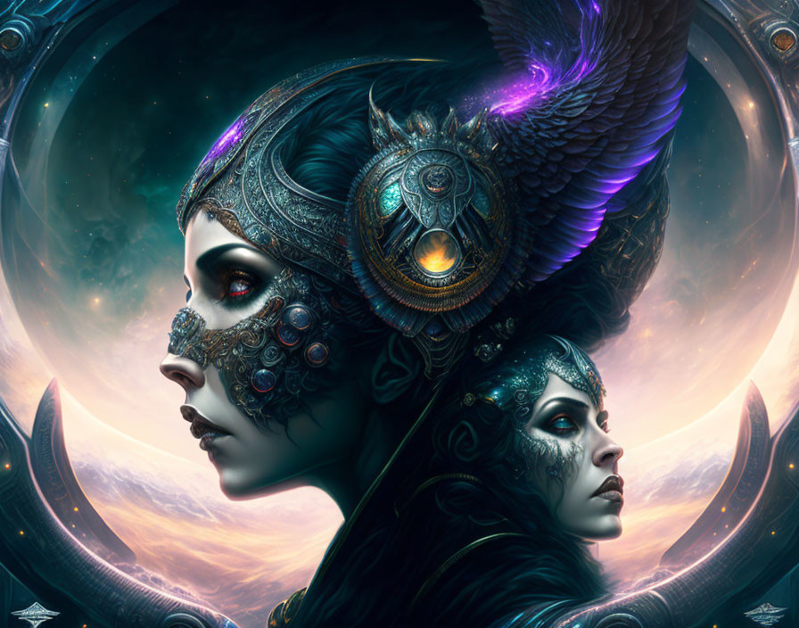 Ornately adorned female figures with metallic headdresses and feathers in cosmic setting.