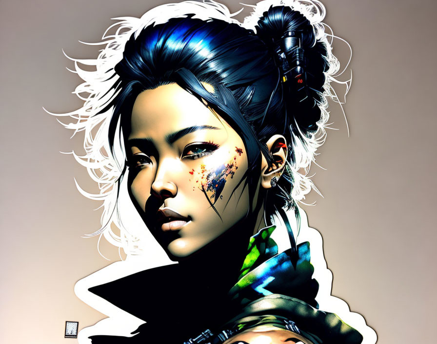 Dark-haired female character in futuristic outfit with scar and colorful face markings