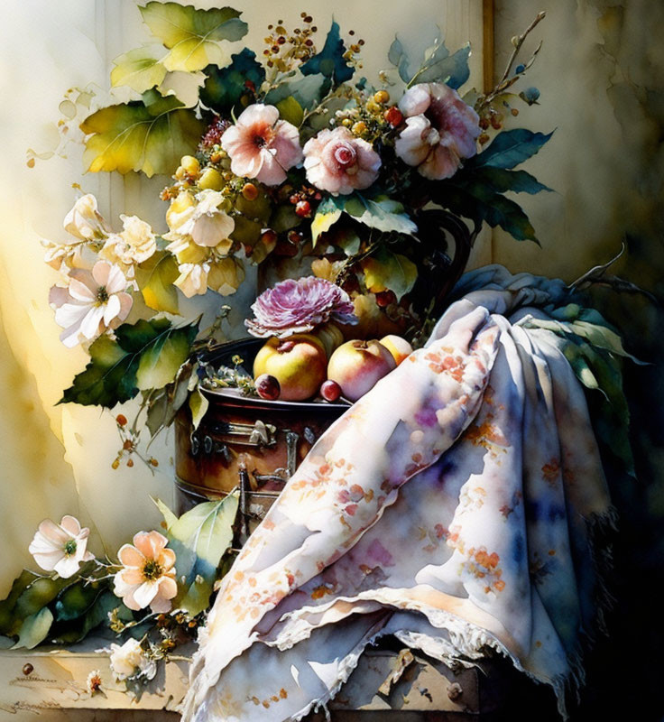 Classic still-life painting with vase, flowers, fruits, and fabric on warm backdrop