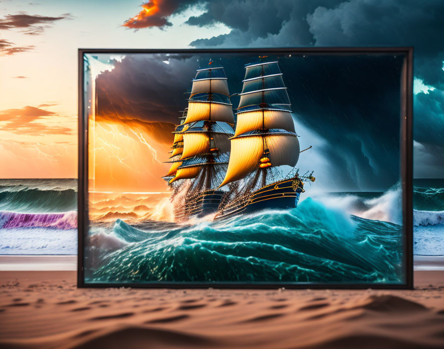 Framed Picture: Sailing Ship in Stormy Seas and Sunset Beach