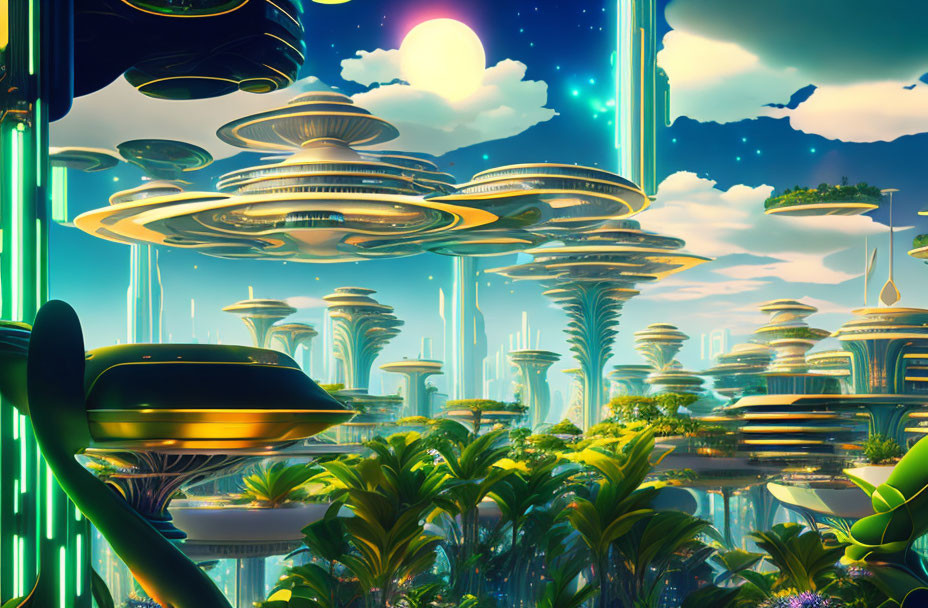 Futuristic cityscape with floating buildings, lush greenery, waterfalls, neon lights, and