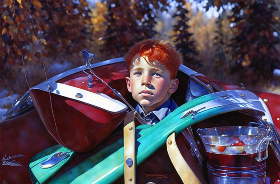 Red-haired boy in vintage boat surrounded by autumn foliage and glass bucket